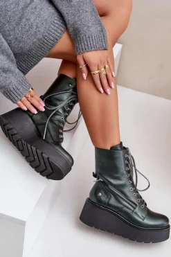 Clearance Maciejka Skórzane Botki Workery Na Platformie I Koturnie 06676-09 Zielone Zielony