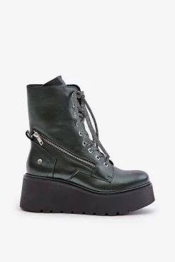 Clearance Maciejka Skórzane Botki Workery Na Platformie I Koturnie 06676-09 Zielone Zielony