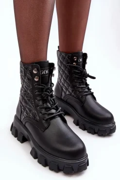 Botki Ocieplane|Botki Skórzane>GOE Skórzane Botki Workery Na Płaskim Obcasie MM2N4021 Czarne