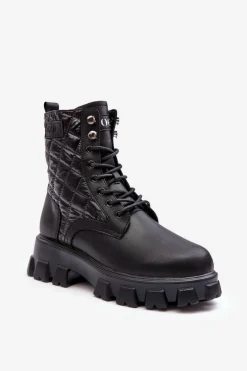 Botki Ocieplane|Botki Skórzane>GOE Skórzane Botki Workery Na Płaskim Obcasie MM2N4021 Czarne