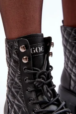 Botki Ocieplane|Botki Skórzane></noscript>GOE Skórzane Botki Workery Na Płaskim Obcasie MM2N4021 Czarne