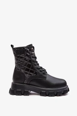 Botki Ocieplane|Botki Skórzane></noscript>GOE Skórzane Botki Workery Na Płaskim Obcasie MM2N4021 Czarne