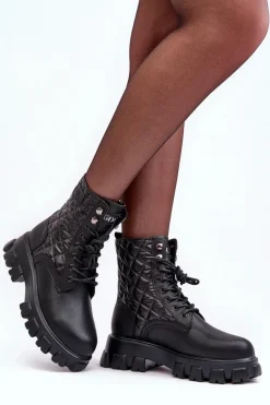 Botki Ocieplane|Botki Skórzane></noscript>GOE Skórzane Botki Workery Na Płaskim Obcasie MM2N4021 Czarne