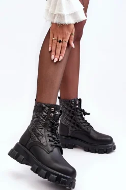 Botki Ocieplane|Botki Skórzane></noscript>GOE Skórzane Botki Workery Na Płaskim Obcasie MM2N4021 Czarne