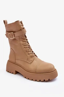 Botki Sznurowane|Brązowe I Beżowe Botki>Boto Skórzane Botki Workery Na Płaskim Obcasie Z Klamrą Beżowe Samivlo
