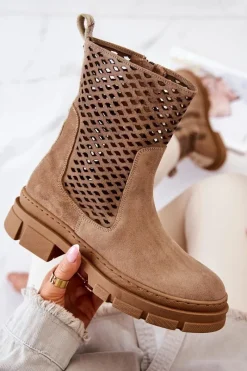 Boto Skórzane Botki Workery Nicole Jasnobrązowe 2711 Brązowy