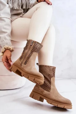 Boto Skórzane Botki Workery Nicole Jasnobrązowe 2711 Brązowy