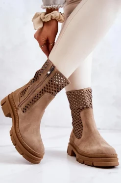 Boto Skórzane Botki Workery Nicole Jasnobrązowe 2711 Brązowy