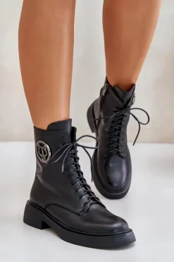 Hot Boto Skórzane Botki Workery Ocieplane Na Zamek Z Ozdobą Czarne Lorevine