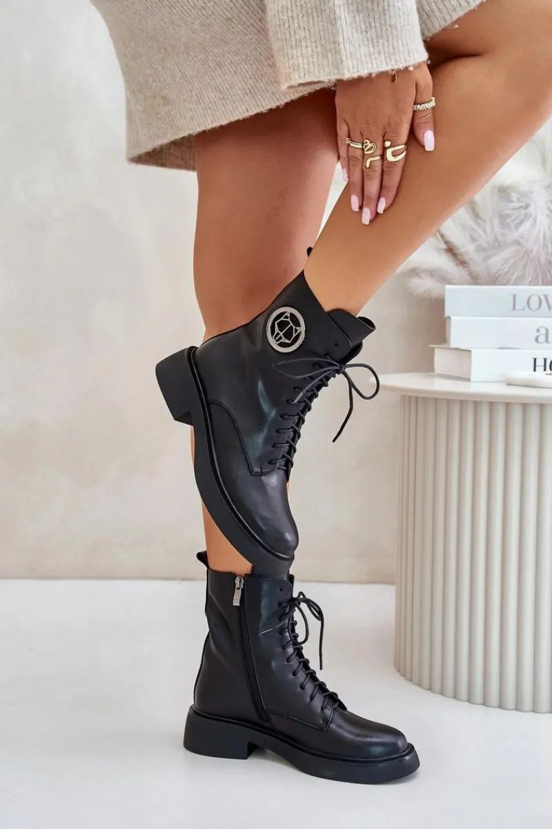 Hot Boto Skórzane Botki Workery Ocieplane Na Zamek Z Ozdobą Czarne Lorevine