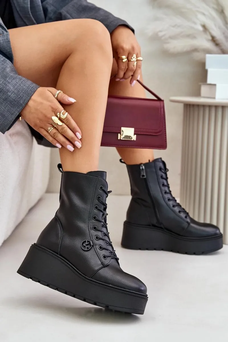 Outlet Skórzane Botki Workery Ocieplane Na Platformie I Koturnie Vinceza 58338 Czarne Damskie Botki Skórzane|Botki Na Koturnie