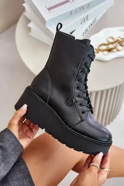 Outlet Skórzane Botki Workery Ocieplane Na Platformie I Koturnie Vinceza 58338 Czarne Damskie Botki Skórzane|Botki Na Koturnie