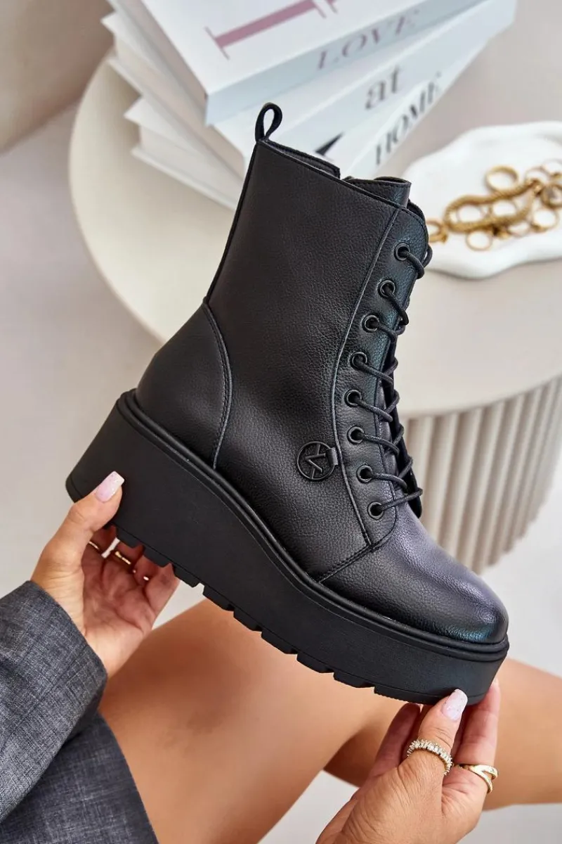 Outlet Skórzane Botki Workery Ocieplane Na Platformie I Koturnie Vinceza 58338 Czarne Damskie Botki Skórzane|Botki Na Koturnie