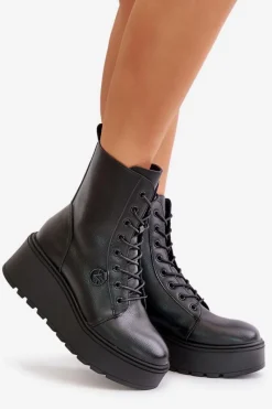 Outlet Skórzane Botki Workery Ocieplane Na Platformie I Koturnie Vinceza 58338 Czarne Damskie Botki Skórzane|Botki Na Koturnie