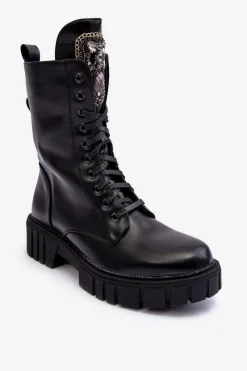 Discount Boto Skórzane Botki Workery Z Biżuteryjną Ozdobą Czarne Marx