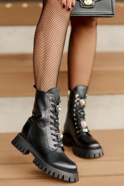 Online Skórzane Botki Workery Z Przypinkami Na Zamek 4553 Czarne Damskie Damskie Trapery|Botki Skórzane