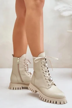 Botki Ocieplane|Damskie Trapery></noscript>CheBello Skórzane Botki Workery Z Przypinkami Na Zamek 4553 Beżowe