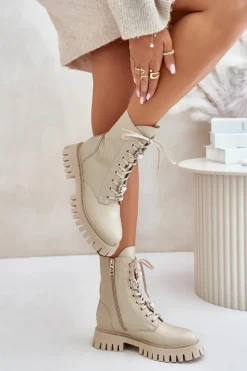 Botki Ocieplane|Damskie Trapery></noscript>CheBello Skórzane Botki Workery Z Przypinkami Na Zamek 4553 Beżowe