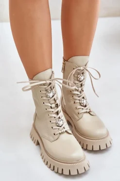 Botki Ocieplane|Damskie Trapery></noscript>CheBello Skórzane Botki Workery Z Przypinkami Na Zamek 4553 Beżowe