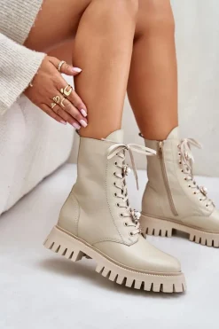 Botki Ocieplane|Damskie Trapery></noscript>CheBello Skórzane Botki Workery Z Przypinkami Na Zamek 4553 Beżowe