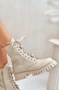 Botki Ocieplane|Damskie Trapery></noscript>CheBello Skórzane Botki Workery Z Przypinkami Na Zamek 4553 Beżowe