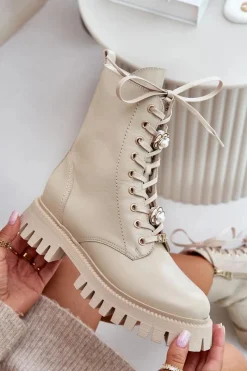 Botki Ocieplane|Damskie Trapery></noscript>CheBello Skórzane Botki Workery Z Przypinkami Na Zamek 4553 Beżowe