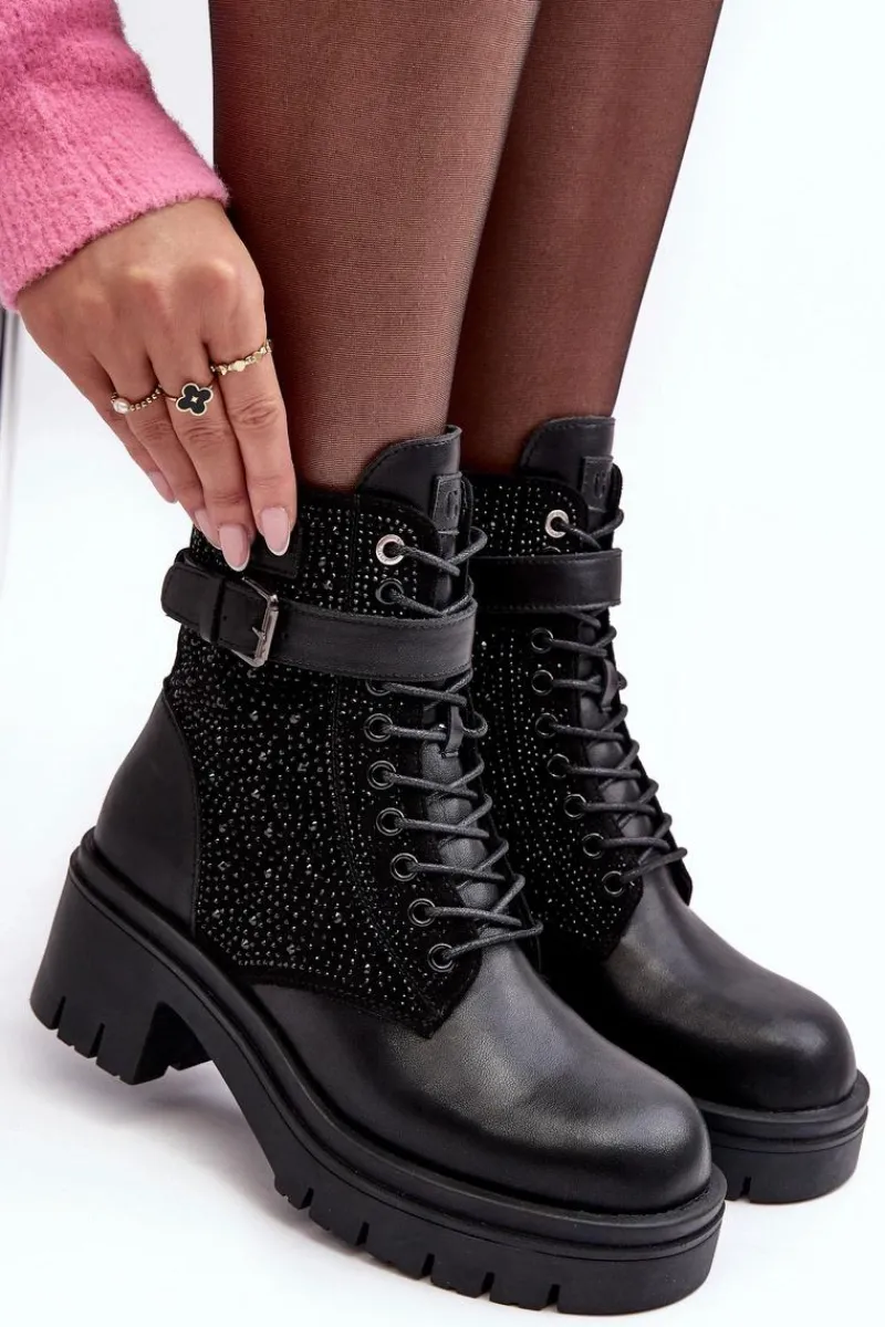 Skórzane Botki Workery Zdobione Dżetami MM2N4041 Czarne Damskie Botki Skórzane|Czarne Botki