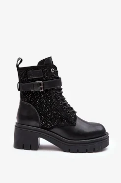 Skórzane Botki Workery Zdobione Dżetami MM2N4041 Czarne Damskie Botki Skórzane|Czarne Botki
