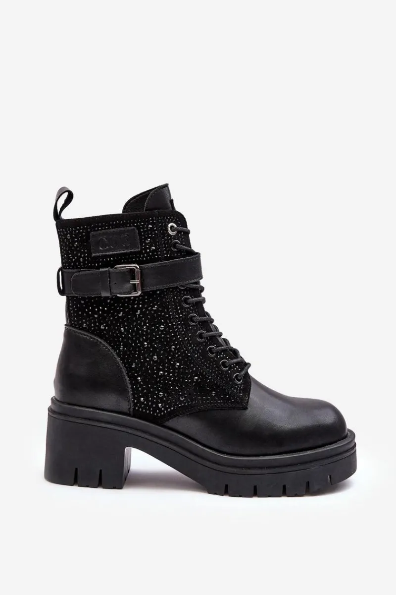 Skórzane Botki Workery Zdobione Dżetami MM2N4041 Czarne Damskie Botki Skórzane|Czarne Botki