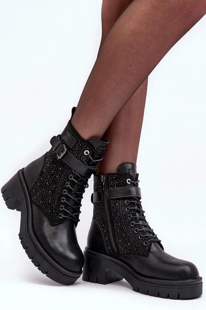 Skórzane Botki Workery Zdobione Dżetami MM2N4041 Czarne Damskie Botki Skórzane|Czarne Botki