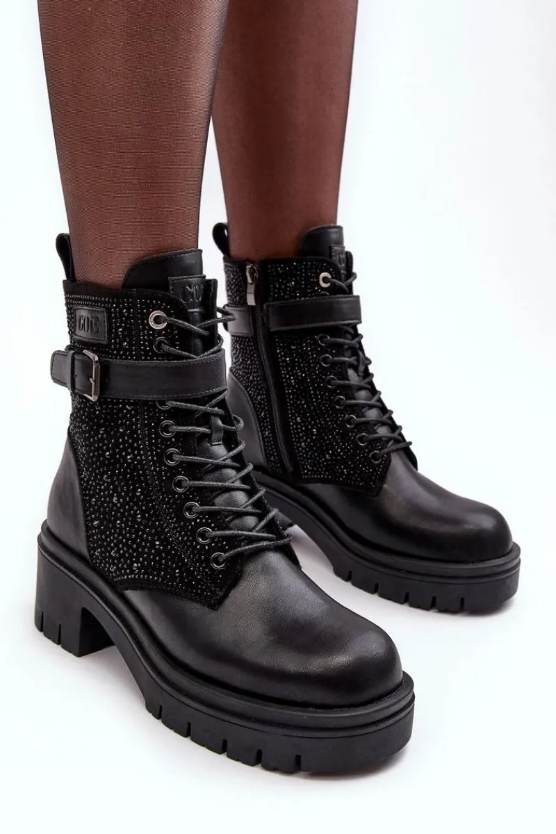 Skórzane Botki Workery Zdobione Dżetami MM2N4041 Czarne Damskie Botki Skórzane|Czarne Botki