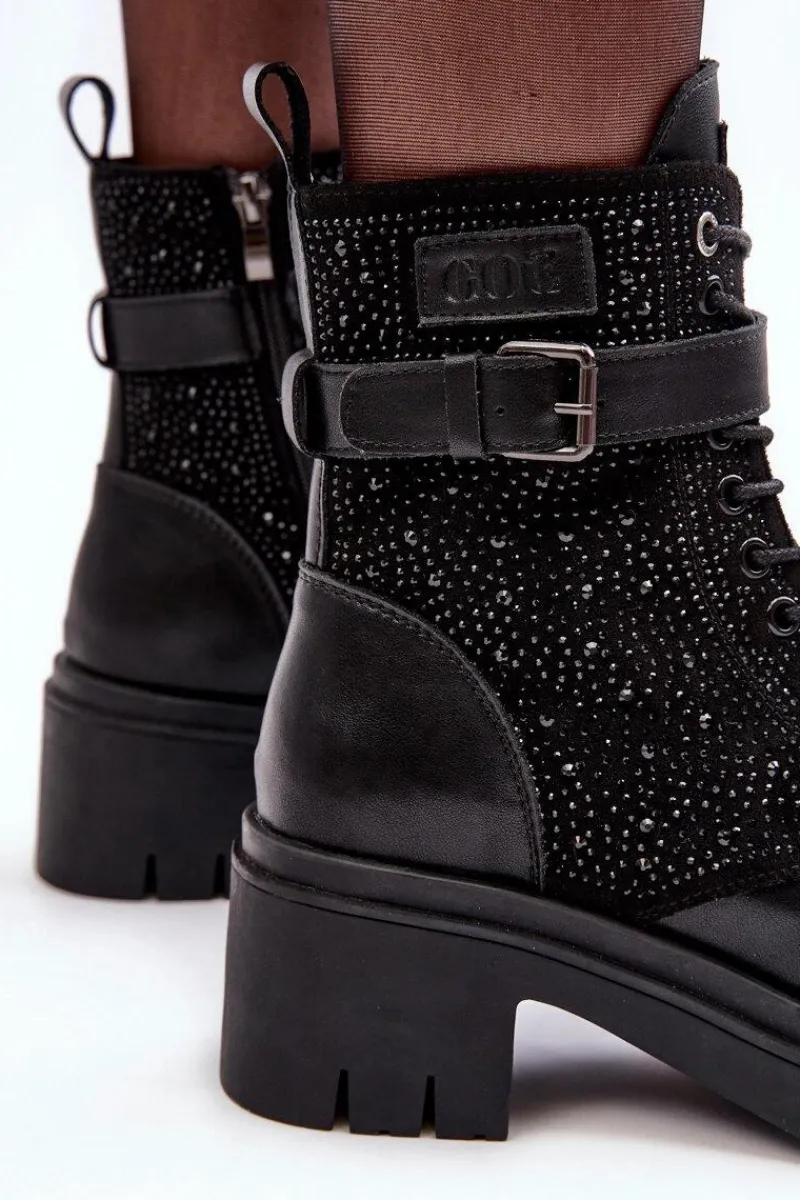 Skórzane Botki Workery Zdobione Dżetami MM2N4041 Czarne Damskie Botki Skórzane|Czarne Botki