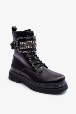 Sale Skórzane Botki Workery Zdobione Ćwiekami Czarne Kongei Damskie Botki Sznurowane|Czarne Botki