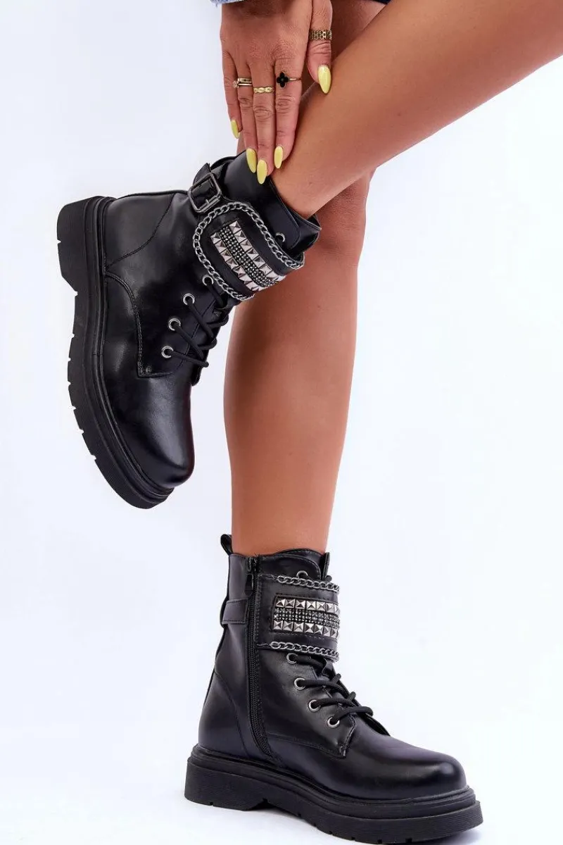 Sale Skórzane Botki Workery Zdobione Ćwiekami Czarne Kongei Damskie Botki Sznurowane|Czarne Botki