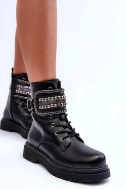 Sale Skórzane Botki Workery Zdobione Ćwiekami Czarne Kongei Damskie Botki Sznurowane|Czarne Botki