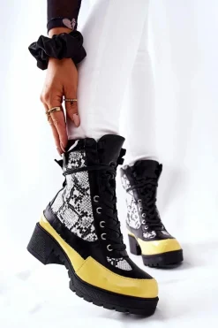 Best Skórzane Botki Wężowe Czarno-Żółte Meridiah Damskie Botki Sznurowane|Botki Na Słupku