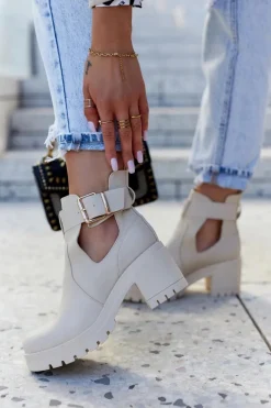 Boto Skórzane Botki Wycięcie Pasek Beżowe Rosanne