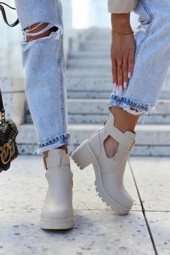 Boto Skórzane Botki Wycięcie Pasek Beżowe Rosanne