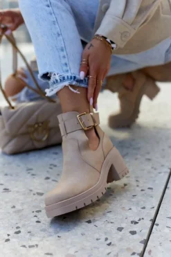 Online Skórzane Botki Wycięcie Pasek Ciemnobeżowe Rosanne Damskie Botki Wiosenne|Botki Na Słupku