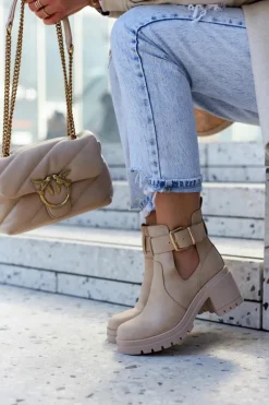 Online Skórzane Botki Wycięcie Pasek Ciemnobeżowe Rosanne Damskie Botki Wiosenne|Botki Na Słupku