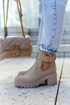 Online Skórzane Botki Wycięcie Pasek Ciemnobeżowe Rosanne Damskie Botki Wiosenne|Botki Na Słupku