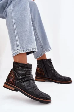 Outlet Skórzane Botki Z Ażurowym Wzorem 05922-01 Czarne Damskie Botki Maciejka|Botki Wiosenne