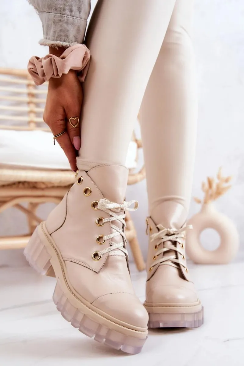 Skórzane Botki Z Masywną Podeszwą Beżowe Horizon Damskie Botki Wiosenne|Damskie Trapery