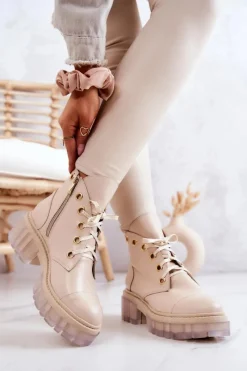 Skórzane Botki Z Masywną Podeszwą Beżowe Horizon Damskie Botki Wiosenne|Damskie Trapery