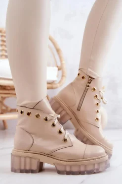 Skórzane Botki Z Masywną Podeszwą Beżowe Horizon Damskie Botki Wiosenne|Damskie Trapery