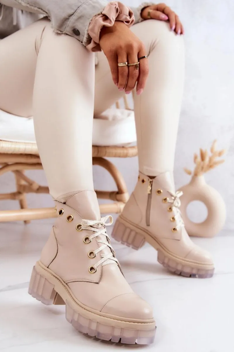 Skórzane Botki Z Masywną Podeszwą Beżowe Horizon Damskie Botki Wiosenne|Damskie Trapery