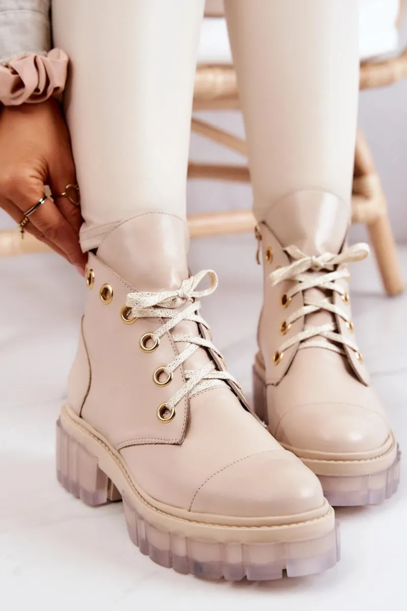 Skórzane Botki Z Masywną Podeszwą Beżowe Horizon Damskie Botki Wiosenne|Damskie Trapery