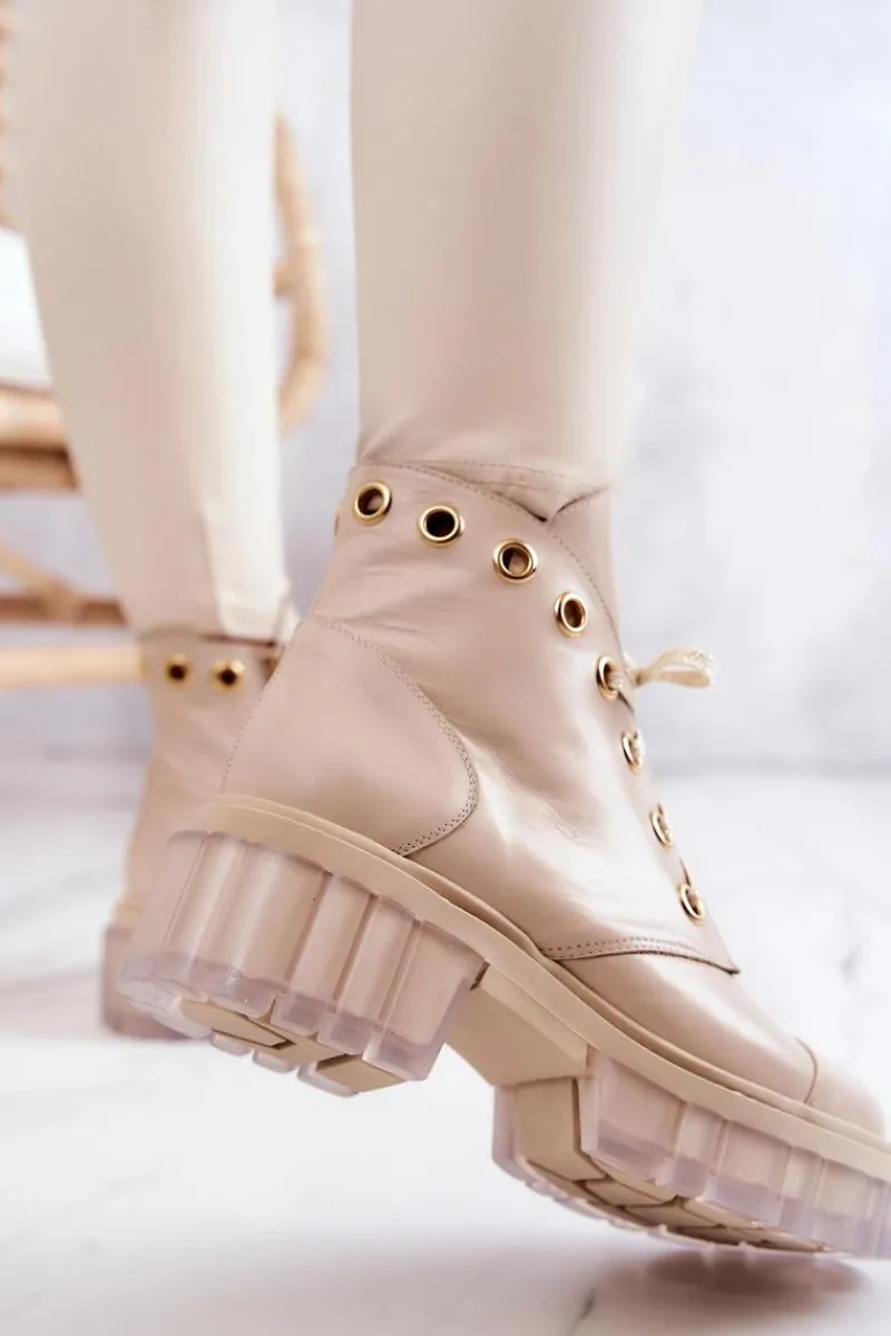 Skórzane Botki Z Masywną Podeszwą Beżowe Horizon Damskie Botki Wiosenne|Damskie Trapery