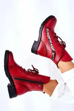 New Boto Skórzane Botki Z Ozdobnym Suwakiem Czerwone Lomissa