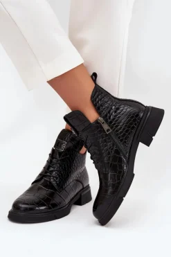 New Buty damskie Vinceza Skórzane Botki Z Ozdobnym Tłoczeniem Ocieplane Vinceza 66815 Czarne